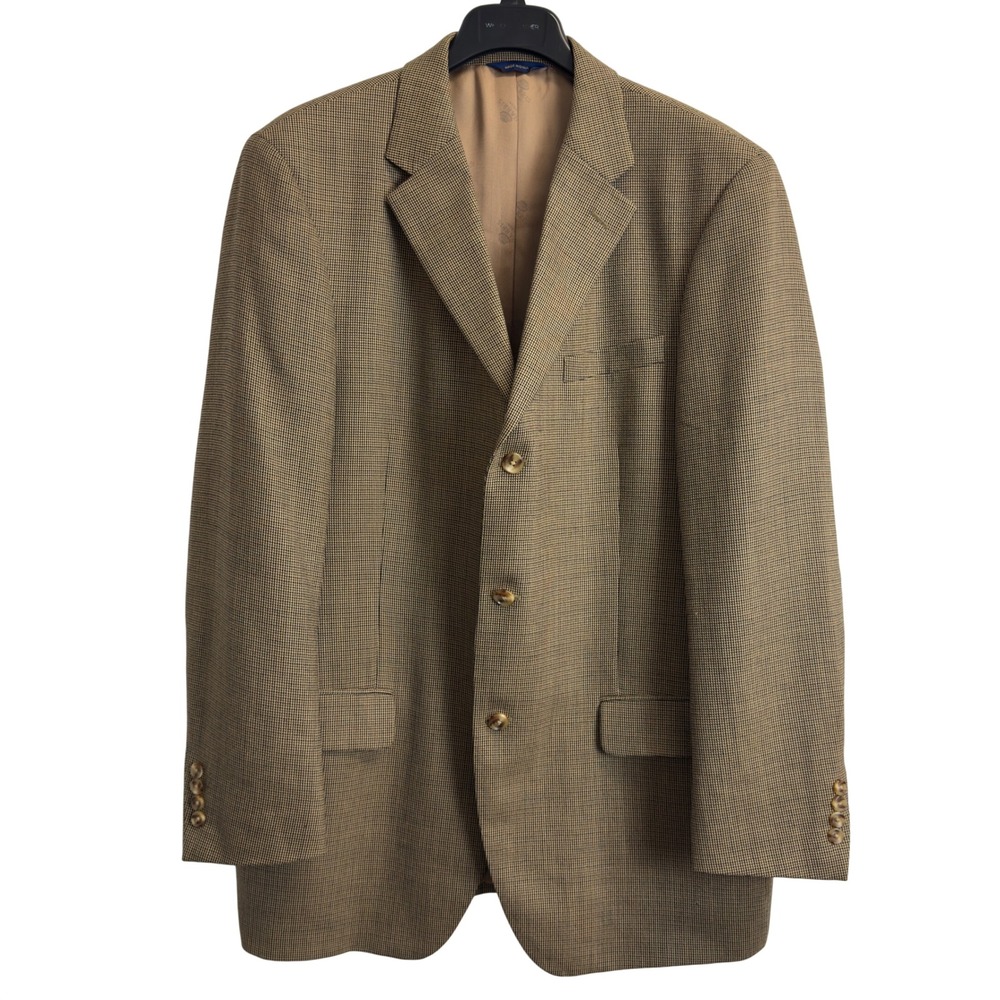 T‎ Harris London Mens 44L Wool Blazer Tan Brown Houndstooth Sport Coat Jacket